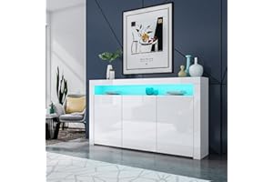 T AUNTY STORE Sideboard with 3 Doors High Gloss Front Sideboard Cabinet Kitchen Storage Cabinet Cupboard with LED Lighting for Dining Room Living Room Black 152cm