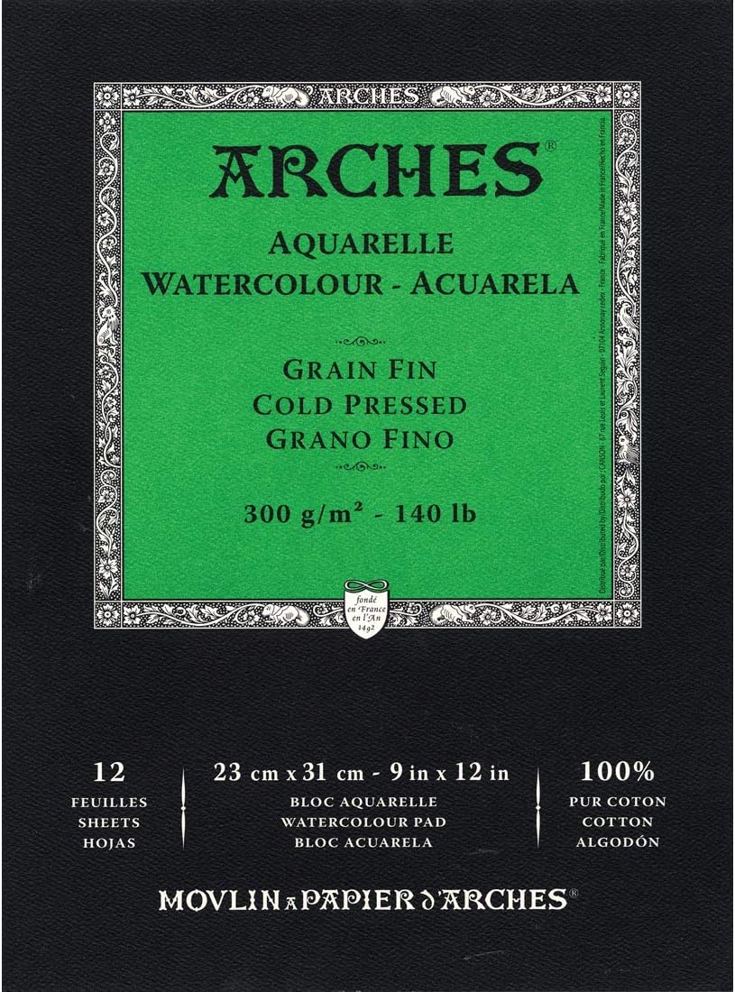 Arches - Papel de acuarela, bloc 12 hojas engomado 1 lado, grano fino, 300 g/m², 23 x 31 cm