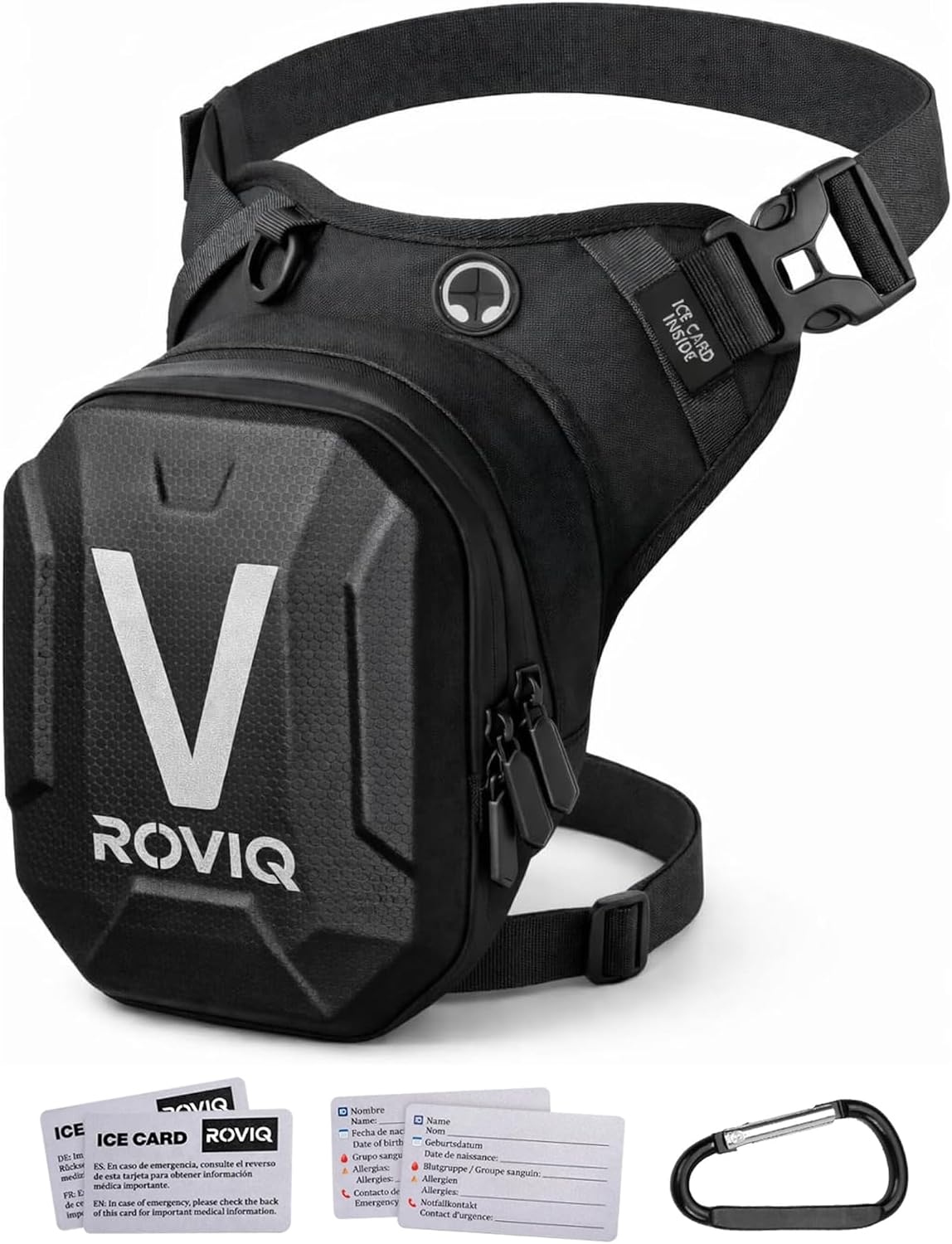 ROVIQ Pernera Moto Unisex, Bolsa Pierna Moto expandible 10-16 cm con 2 Compartimentos, Frontal EVA/PU semirrígido, Bolsillo Ice Card, 2 Ice Cards y mosquetón - Accesorios Moto