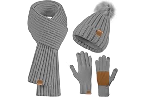 GOSHIES Damska czapka, szalik, zestaw zimowy, czapka beanie, czapka zimowa z pomponem polarowym, czapka z podszewką, szalik i zestawy rękawiczek, rękawiczki do ekranu dotykowego, szare, szary, jeden