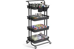 ‎SONGMICS SONGMICS Rollwagen, 4 Ebenen, Servierwagen, Küchenwagen mit Griff, 2 kleine Einhängefächer, 2 Bremsen, Ablagefächer aus Kunststoff, einfacher Aufbau, Schlafzimmer, schwarz BSC077BZ01