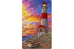 SKTWOE Knüpfteppich Zum Selber Knüpfen Leuchtturm Tapisserie Teppich Knüpf-Sets Kreuzstich Set Für Kinder Und Erwachsene DIY Handwerk Geschenke Fußabtreter,85 x 53cm