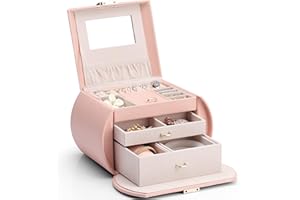 Vlando Jewellery Box for Girls, 3 Layers Leather Jewelry Storage box with Mirror & Removable Pillow for Rings Bracelets Earrings Necklaces, with Gift Card, Gift Choice (Peach Pink)