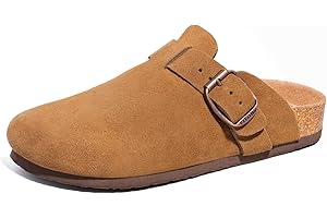 FITORY Herren-Clogs aus Wildleder Bequeme mit Fußgewölbeunterstützung geschlossen Hausschuhe mit Korkfuß Pantoletten Leder,Größe 40-47