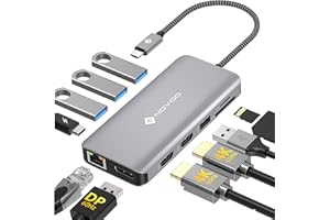 NOVOO Docking Station vers Double HDMI, 11-en-1 Hub USB C vers Dual HDMI, Displayport, USB x 4, Gigabit Ethernet, PD 100W, SD/TF, Station d'accueil pour MacBook HP Dell XPS Lenovo