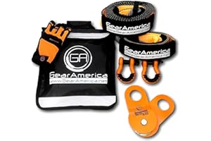 GA GEARAMERICA GearAmerica Off-Road Recovery Kit | Tow Strap + Tree Saver + Heavy Duty Snatch Block Pulley + Orange D-Ring Shackles + Winch Line Dampener Bag + Recovery Gloves | Ultimate 4x4 Winching Accessories