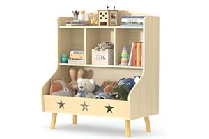 Huhote Kids Bookshelf and Toy Storage Organiser, Kids Bookcase with 3 Compartments, Kids Toy Storage Cabinet, Children's Bookcase Organizer Holder, for Bedroom, Kids Room, Playroom, Nursery (Oak)