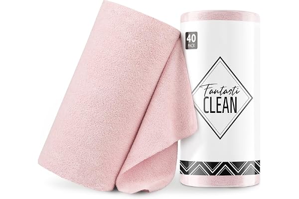 Fantasticlean Rouleau de Chiffon en Microfibre - 40 Pièces, Chiffons de Nettoyage Déchirables, Lavettes Réutilisables et sans Peluches 30 x 30 cm (Rose)