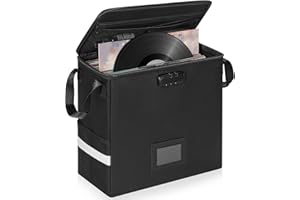 OUUTMEE Caisse à Vinyles Ignifugée avec Verrouillage, Imperméable Sac pour Disque Vinyles de 12", Compatible avec 50+ Disques LP, Caisse de Rangement Pliable pour Albums LP, Petite