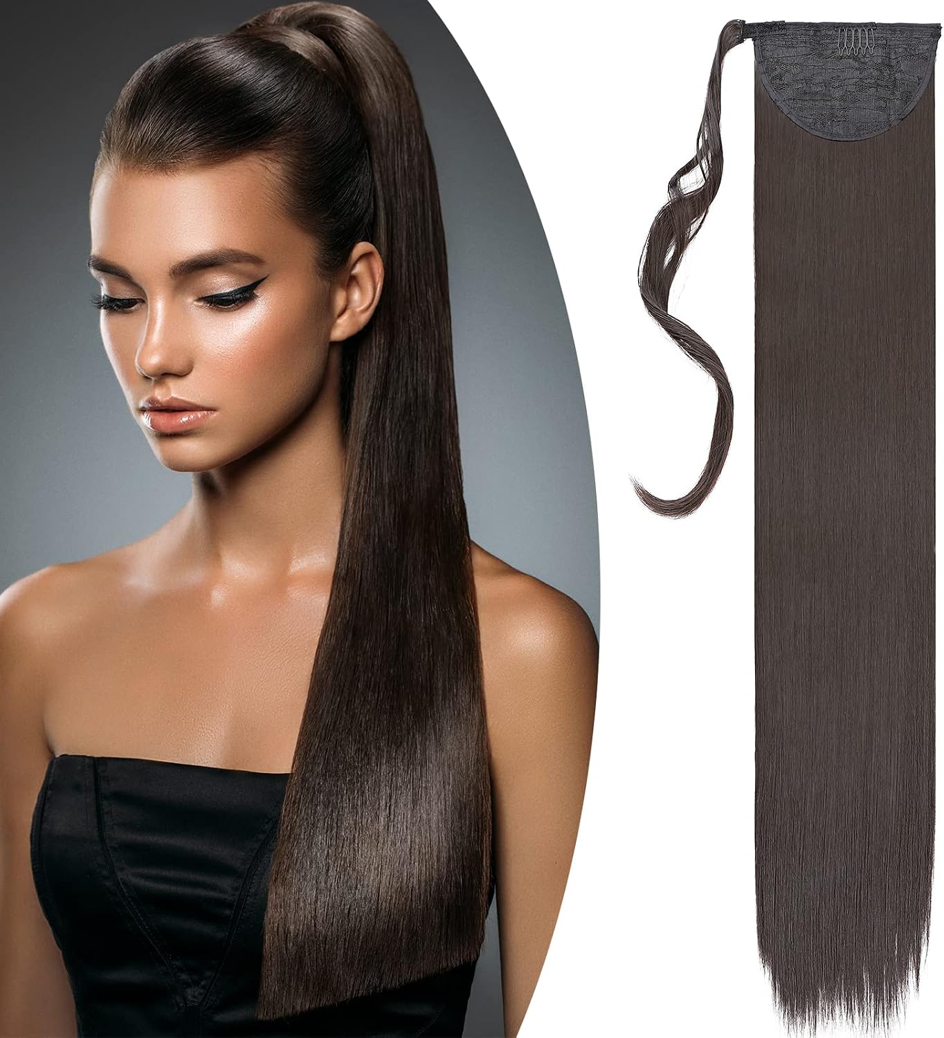 32"(81cm) SEGO Coleta Postiza Larga Pelo Sintético Se Ve Natural [Castaño Oscuro] Extensiones de Cabello Clip Cola Lisa Ponytail Extension (140g)