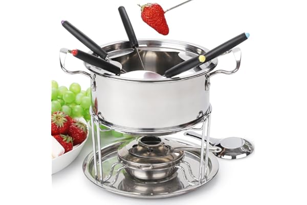 Virklyee Service à fondue en acier inox Fondue bourguignonne a 6 fourchettes Set à fondue de fromage Pour fromage, le chocolat, la viande, les fruits (Argent o2)