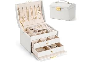 Aidodo Boite a Bijoux,Rangement Bijoux Boite a Bijoux Femme,Boite a Bijoux de Voyage à 3 Couches en Cuir Imperméable,avec 2 tiroirs, avec serrure et clé, pour Bagues,Boucles,Colliers,Bracelets