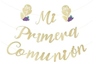 BETESSIN Pancarta Mi Primera Comunión Guirnalda Papel Dorada Banderín Colgar Adorno Decoración para Fiesta de Comunión First Communion