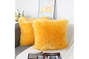 OYIMUA Mustard Yellow 18x18 Cushion Covers Pack of 2 Fluffy Soft Faux Fur Square Pillowcases Autumn, Luxury Home Decorative Cozy Plush Pillow Covers Case 45 x 45 for Sofa Bed Living Room