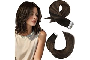 Moresoo Extension Cheveux Naturel Adhesif Ombre Brun le plus Foncé avec Brun Moyen Tape Extension Adhésive Cheveux Humain 30 cm 20 Pièces 30g Lisse #2/6/2