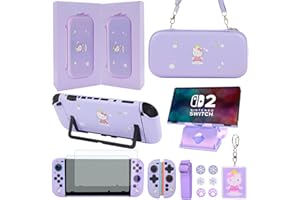 GUTIAL Accessories Set for Nintendo Switch 2 2025 - Cute Kawaii NS 2 Accessories kit for Grils Boys Kids with Travel Carrying Case and Cartoon Protective Cover, Screen Protector, Stand - Purple