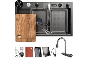 DSMRLEOP Fregadero de cocina con cascada negra, 65 x 50 cm, 1 cuenco, acero inoxidable, rectangular, sifón, rebosadero y desagüe, moderno y multifuncional, fregadero cascada con juego de accesorios