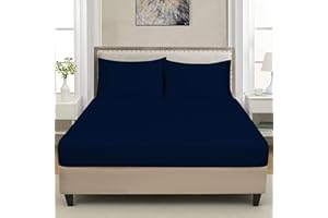 CHARKHAH Polycotton Fitted Sheet for Single Double King Super King Bed 200 Thread Count Anti Wrinkle Plain Bedding 25 cm Extra Deep Fitted Sheets Cover with Elastic Edges (Navy-Blue, Double)