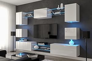 Furnitech AN1 Nawara New Pareti attrezate, Soggiorno moderno, Set mobile TV, Armadio moderno, Pensile (Led blu, AN1-17W-HG21-1A-NEW)