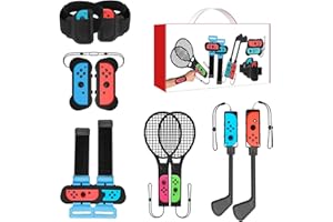 INFURIDER Kit d'accessoires Compatibles avec Nintendo Switch,Ensemble d'accessoires de Commutateur avec Poignées de Contrôleur Joycon,Mario Golf Club/Raquettes de Tennis/Bracelets Ajustable et Sangle de Jambe