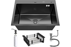 ANW HOME Évier de Cuisine Graphite 55x43 cm avec Siphon, Panier Égouttoir et Distributeur de Savon de 350 ml, Évier de Cuisine en Acier Inoxydable 304 avec 2 Trous pour Robinet