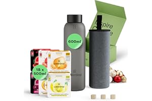 WATERDROP MICRODRINK waterdrop® Glass Starter Set – 600ml Borosilicate Glass Bottle + 18 Sugar-Free Microdrink Hydration Cubes in 6 Flavours, Vitamin C & B Infused, BPA Free Water Bottle, Gift Set