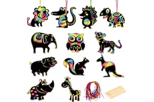 MONCAP 48pcs Images à Gratter Animal Enfants Kit de Bricolage Arc-en-Ciel Scratch Art pour Fille Garçon Fête Cadeaux Anniversaire Décor Animalier
