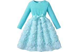 JiAmy Girls Flower Dresses Long Sleeve Lovely 3D Grapic Rose Tulle Kids Party Birthday Dress with Bownot Toddler Little Girls Prom Occasion Dresses for 2-7 Years