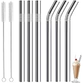 8 Pieces Reusable Stainless Steel Straws, Metal Straw, Reusable Straw 10 mm Diameter for Boba, Smoothies, Cold Drinks, with 2