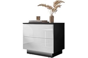 ‎LUKMEBEL lukmebel Nachttisch LINA 55x50x37 cm- LED Beleuchtung - Nachtkästchen - Schwarz/Weiß Hochglanz - Push to Open - Nachtschrank - Beistelltisch mit Schublade - Schlafzimmerschrank