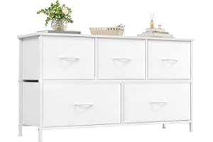 Somdot Chest of Drawers with 5 Drawers, Wide Storage Organiser Fabric Dresser for Living Room TV Stand Bedroom Closet Nursery Bedside Entryway Hallway, White Leather
