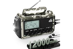 ROCAM Radio Solar Portatil, Pilas Emergencia 12000mah Bateria Recargable, FM/Am/SW, Lámpara Lectura, Linterna, SOS, USB/Tipo C, Radio Dinamo para Acampar, Senderismo, Equipo de Emergencia para Camping