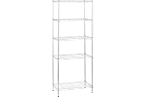 Amazon Basics 5-Shelf Narrow Storage Unit With Height Adjustable Shelves and Levelling Feet, 453kg Max Weight, Chrome, 34 cm D x 58.9 cm W x 152.5 cm H
