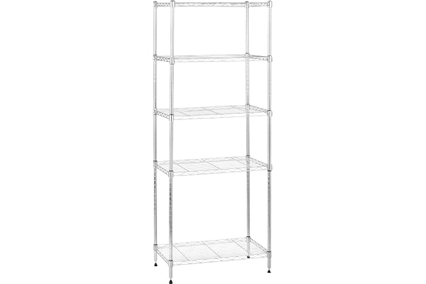 Amazon Basics Smal förvaringsenhet med 5 höjdjusterbara hyllor och nivelleringsfötter, 453 kg maxvikt, krom, 34 cm D x 58,9 cm B x 152,5 cm H