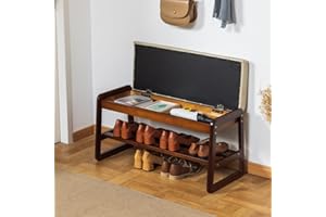 SOBIBO Solid Wood Shoe Bench, 2-Tier Entryway Bench with Cushion and Flip-Open Storage Box, Mid-Century Modern Shoe Rack for Hallway, Mudroom(Gray, 80cm, 31.5 inches)