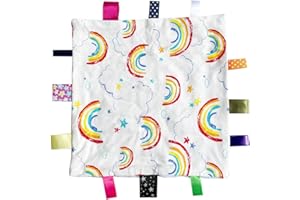 Eyands White Rainbow Tag Blanket - Cotton and Plush Cute Label Blanket, Soft Taggy Security Blanket