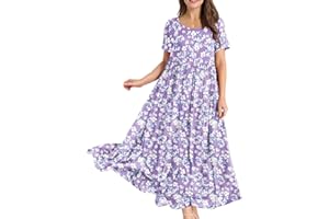YESNO Damen Kleider Freizeit Lose Sommerkleid Lang Boho Maxikleid für Rundhals Strandkleid Blumenkleid EJFDE