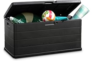 idooka Large Garden Storage Box with Lid – 340L Lockable Plastic Outdoor Storage for Parcels, Cushions, Tools, Logs & More – Grey Water-Resistant Deck Box for Garden or Garage