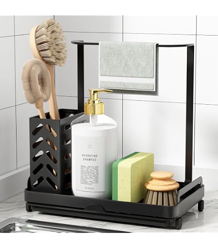 Moforoco Spülen-Organizer Aus Edelstahl - Verlängerter Schwammhalter, Drehbare Düse, Bürstenregal, 27 Cm