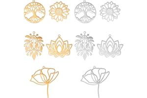 DICOSMETIC 10pcs 5 Styles Creux Fleur Breloque Arbre de Vie Breloques Fleurs de Lotus Breloques Feuille Breloques d'or Acier Inoxydable Pendentif pour Bracelet Collier Fabrication de Bijoux