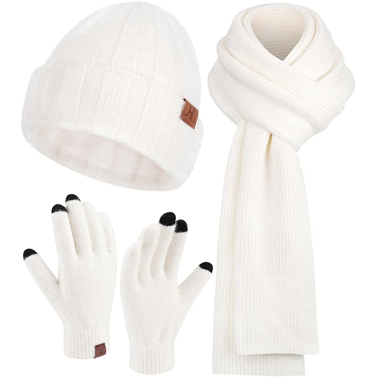 JSTHHTT Femme Bonnet Et Écharpe Gants Tactiles Hiver Ensemble, Bonnet En Tricot Femme Hiver Chaud, Doublure En Peluche Épaissie, Taille Unique