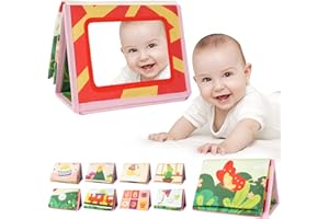 Aolso Giochi Montessori Neonato 0 3 6 12 Mesi,Libro di Stoffa con Specchio,Libro con Base per Neonati, Libri Sensoriale Neonati Interattivo Giocattoli Educativi,Libri Neonati Colorato