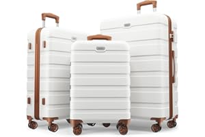 AnyZip Koffer Set Hartschale Trolley Set 3er Reisekoffer Leichtgewicht PC ABS Handgepäck mit TSA-Schloss und 4 Rollen（Weiß-Braun,Set）