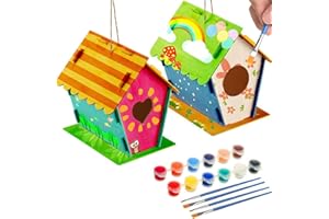 HUOGEE Kit Casa dell'Uccello Bambini 2 Pezzi Casa dell'Uccello in legno fai da te per pittura Craft Bambini Compleanno Bambini Casa dell'Uccello Giocattolo Regalo per Bambini Compleanno