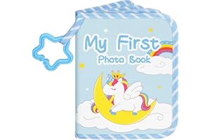 Lanpn Album na zdjęcia zawiera 17 zdjęć 10x15cm, Album Fotograficzny My First Miękka Książka Rodzinna z naklejkami na kartę z imieniem prezent na baby shower dzieci noworodki (Jednorożec, Niebieski)