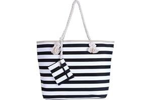 DonDon Bolsa de playa grande con cremallera 58 x 38 x 18 cm rayas marítimas negro blanco shopper bolsa de hombro bolsa de playa (beach bag)