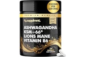 SUPPLMNT. Ashwagandha KSM-66, Lions Mane & Vitamin B6 Capsules - High Strength 2000mg KSM-66 Ashwaghandha Root Extract & Lions Mane Mushroom with Vitamin B6 2-120 Vegan Capsules with Black Pepper - 2 Months