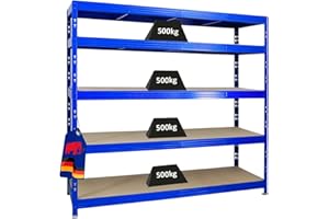 PROREGAL Étagère Charge Lourde Rhino | HxLxP 180x200x60cm | 5 Niveaux en aggloméré 8mm | 500kg par Niveau | Bleu | Étagère de Garage étagère de Rangement Stockage rayonnage