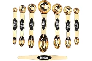 PEDAS PEDIS LIMITED Magnetic Measuring Spoons Set of 8 | Stainless Steel Dual Sided Measure Kitchen Teaspoons and Tablespoon with Leveller | Weighing Dry and Liquid Ingredients for Cooking, Baking (Gold)