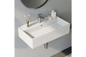 HOROW Lavabo con diseño de borde fino, rectangular, lavabo colgante o lavabo, con orificio para grifo, lavabo de pared para invitados, ideal para baño y lavandería